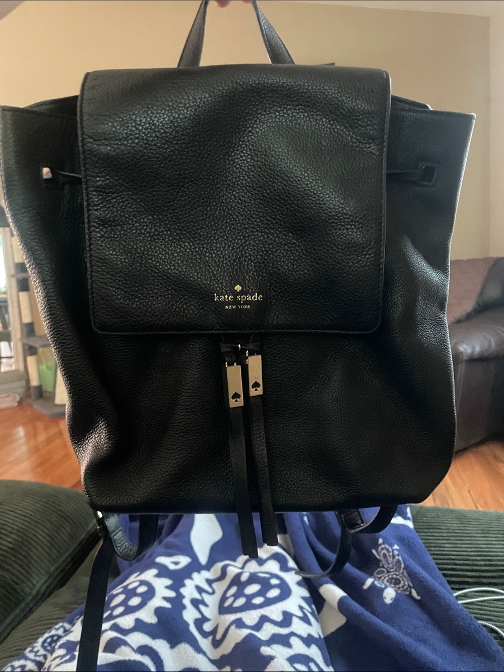 kate spade Black Pebbled 100% Leather Drawstring Backpack with silver Accents